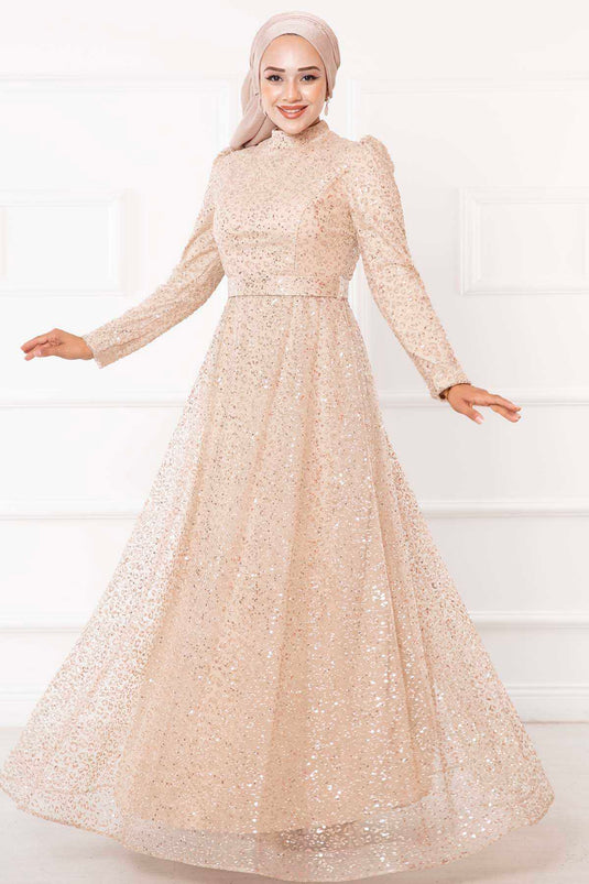 Robe de soirée hijab ceinturée en tulle pailleté crème