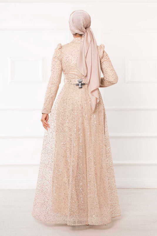 Robe de soirée hijab ceinturée en tulle pailleté crème