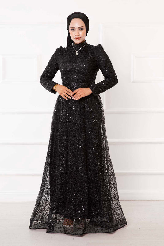 Robe De Soirée Hijab En Tulle Argenté Ceinturée Noir