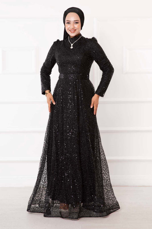 Robe De Soirée Hijab En Tulle Argenté Ceinturée Noir