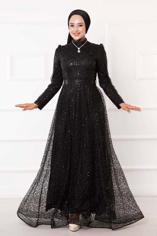 Robe De Soirée Hijab En Tulle Argenté Ceinturée Noir