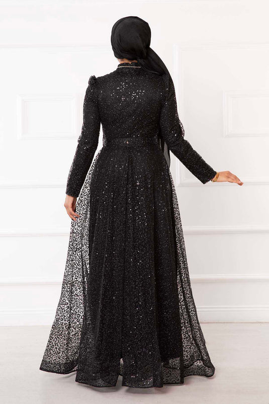 Robe De Soirée Hijab En Tulle Argenté Ceinturée Noir