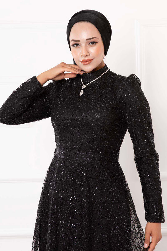 Robe De Soirée Hijab En Tulle Argenté Ceinturée Noir