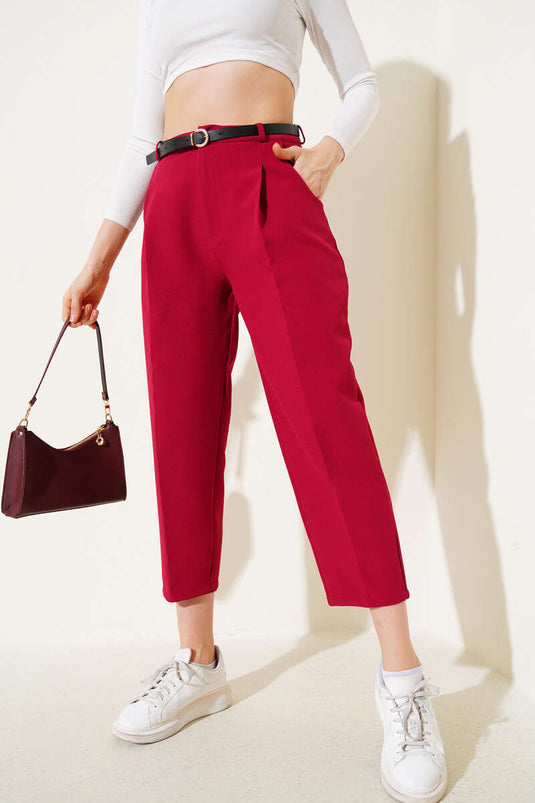 Pantalon skinny bordeaux à ceinture et pli simple