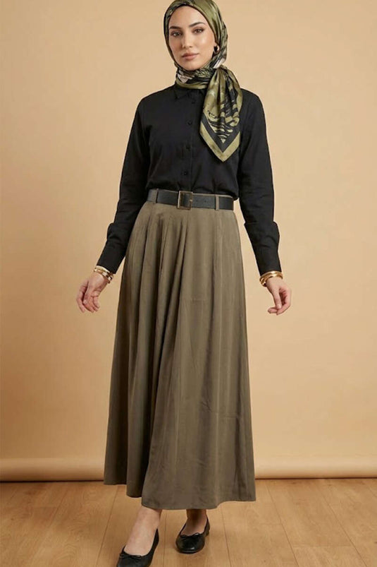 Belted Tencel Pleated Skirt Khaki