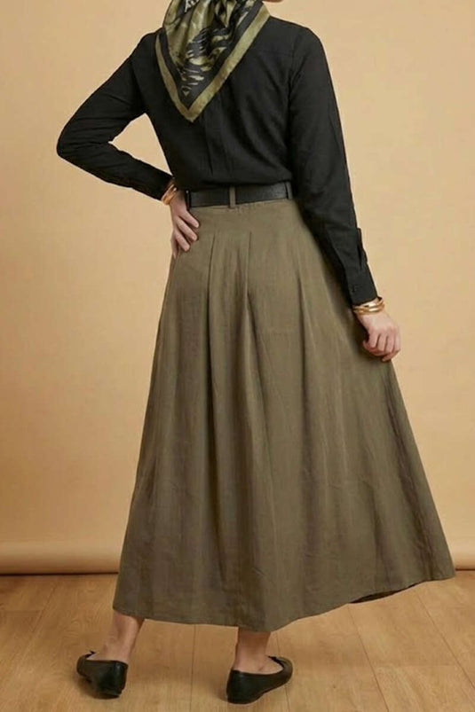 Belted Tencel Pleated Skirt Khaki