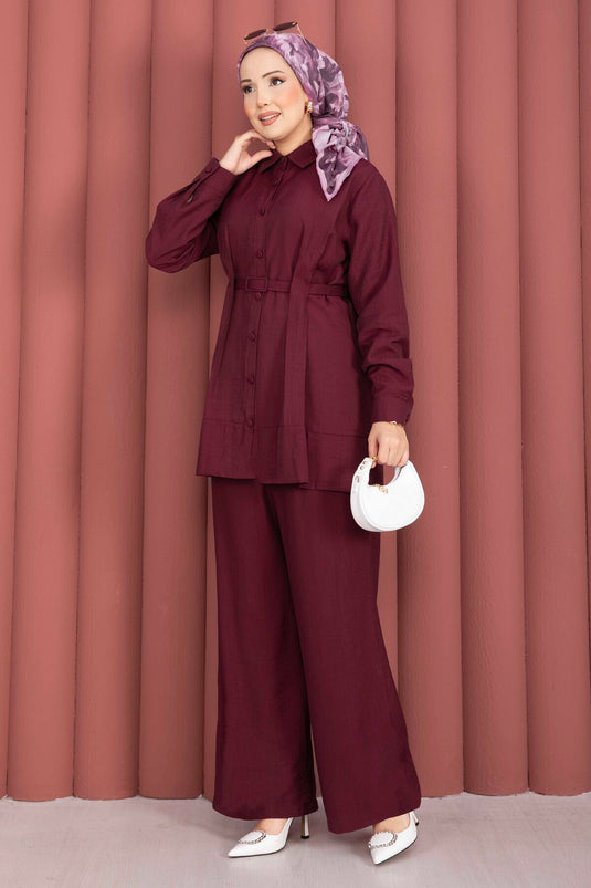 Kemerli Tunik Pantolon İkili Takım Bordo