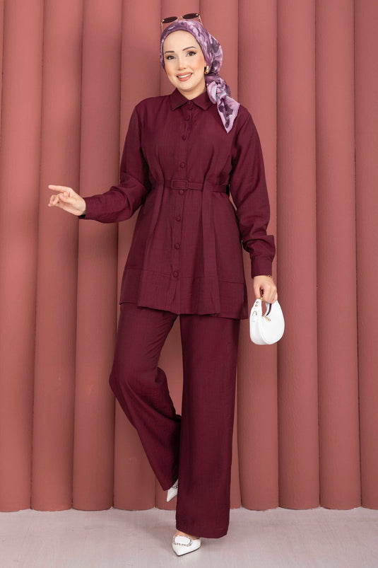 Kemerli Tunik Pantolon İkili Takım Bordo