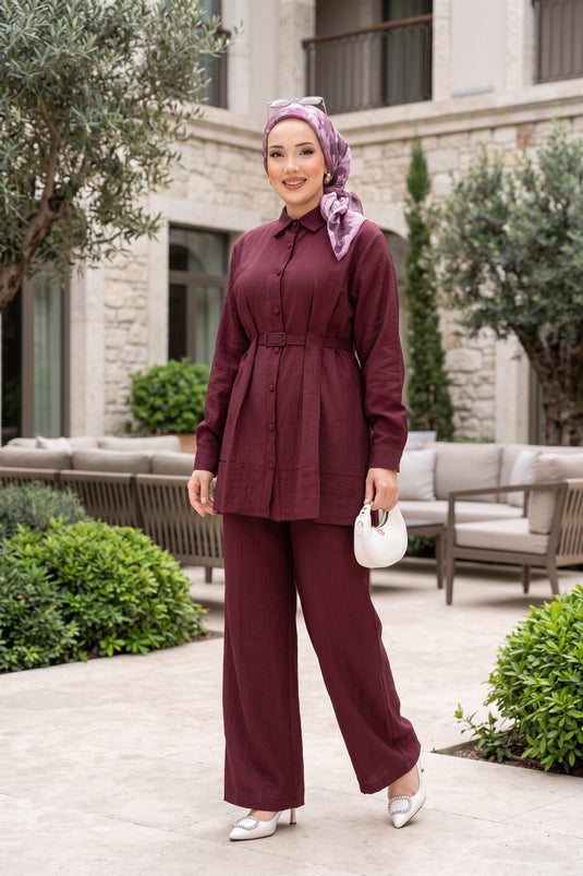 Ensemble deux pièces tunique ceinturée et pantalon bordeaux