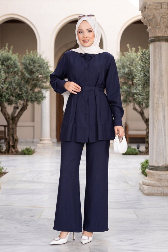 Navy Blue Belted Tunic and Pants Set