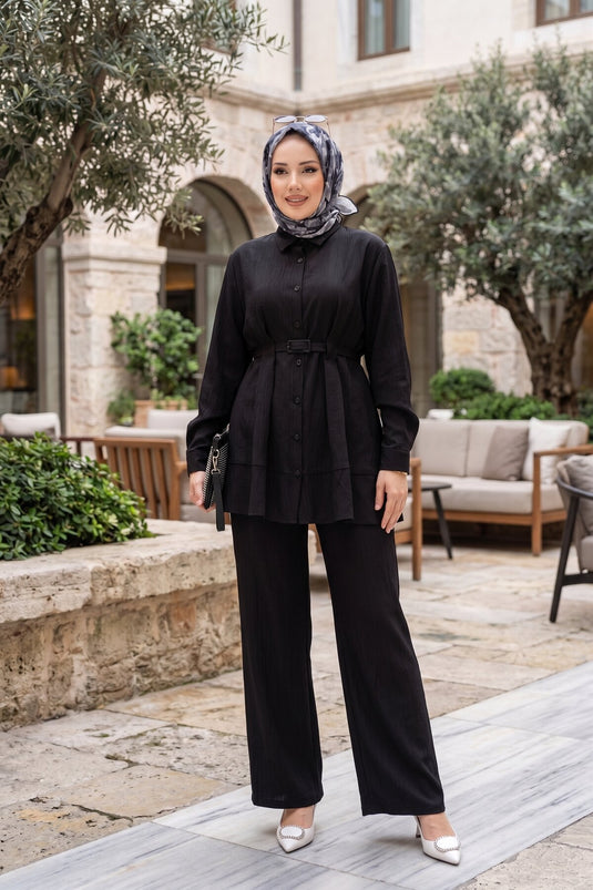 Ensemble deux pièces tunique ceinturée et pantalon noir