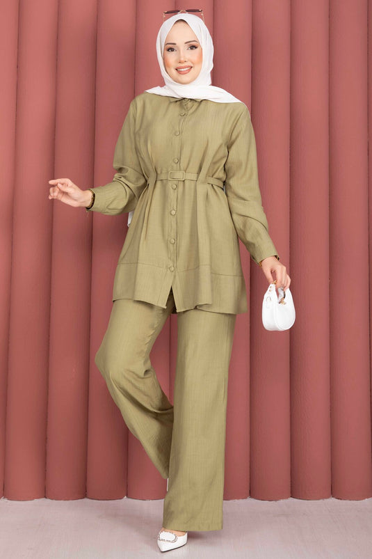 Kemerli Tunik Pantolon İkili Takım Yeşil Olive