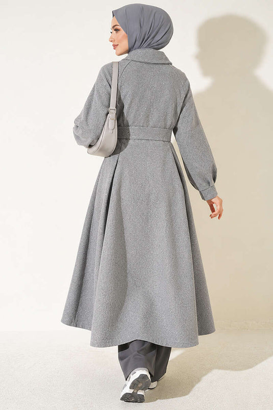 Manteau Long En Laine Avec Ceinture Anthracite