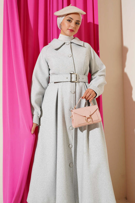 Manteau long en cachemire ceinturé gris