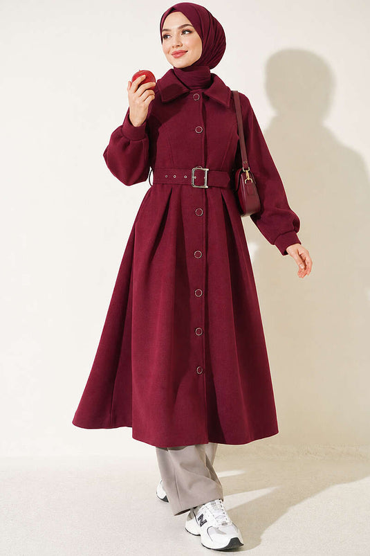 Cappotto Lungo In Lana Con Cintura In Aubergine