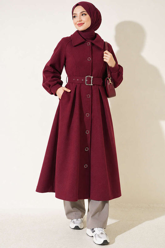 Cappotto Lungo In Lana Con Cintura In Aubergine