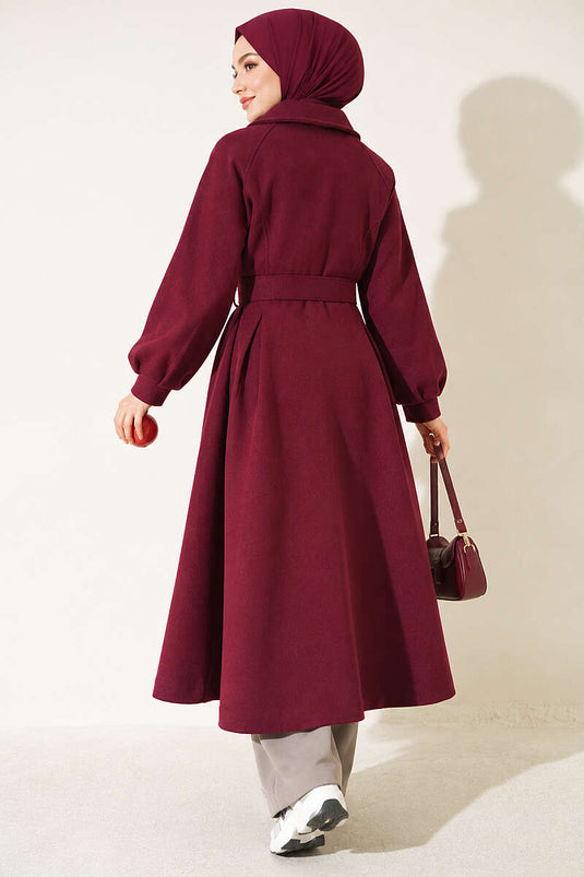 Cappotto Lungo In Lana Con Cintura In Aubergine