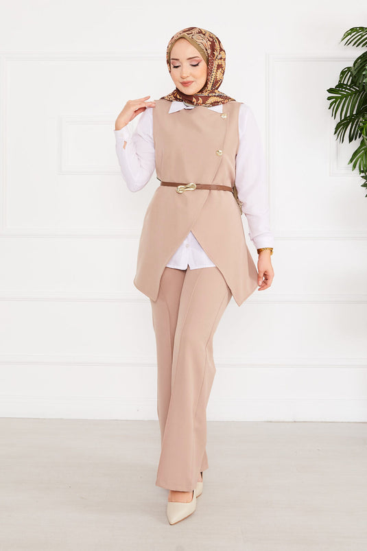 Ensemble Hijab Deux Pièces Ceinture Beige