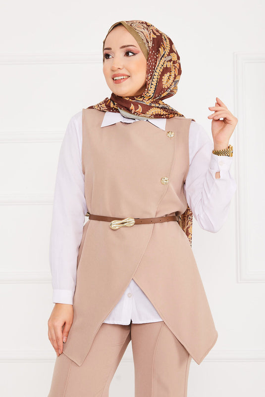 Ensemble Hijab Deux Pièces Ceinture Beige