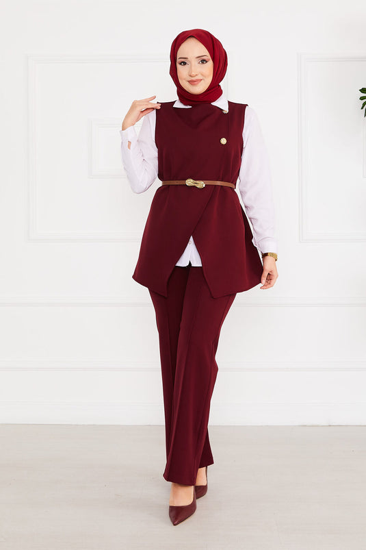 Costume deux pièces hijab avec ceinture et veste rouge bordeaux