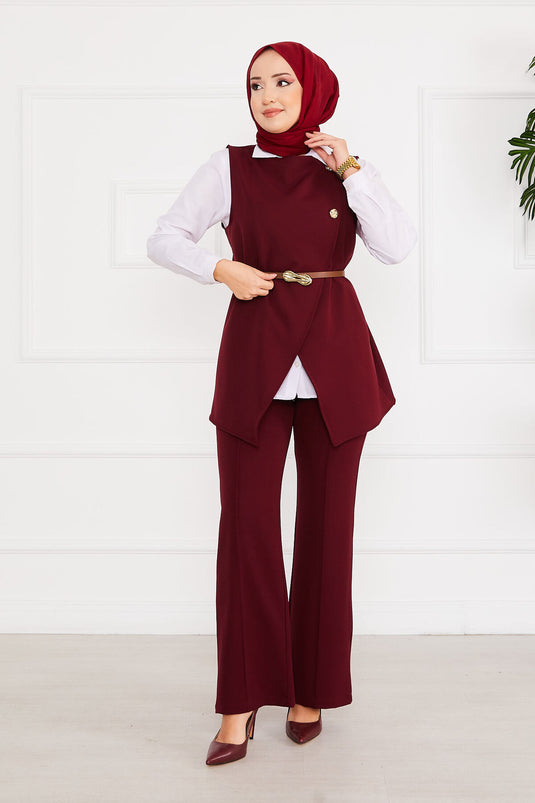 Costume deux pièces hijab avec ceinture et veste rouge bordeaux