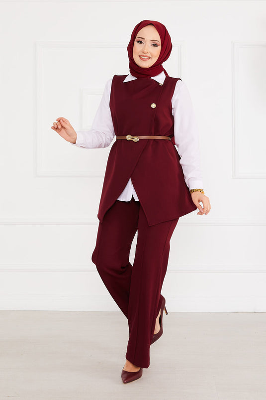 Costume deux pièces hijab avec ceinture et veste rouge bordeaux