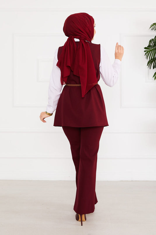 Costume deux pièces hijab avec ceinture et veste rouge bordeaux