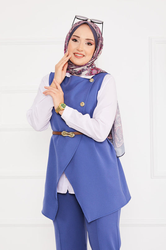 Ensemble Hijab avec gilet et ceinture en deux pièces Indigo