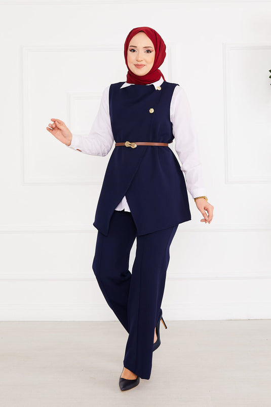 Costume deux pièces hijab avec ceinture et veste bleu marine