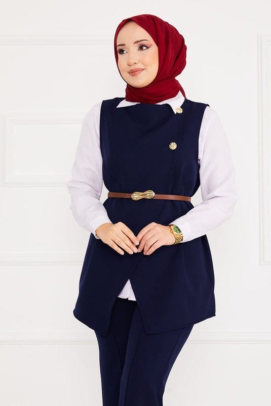 Costume deux pièces hijab avec ceinture et veste bleu marine