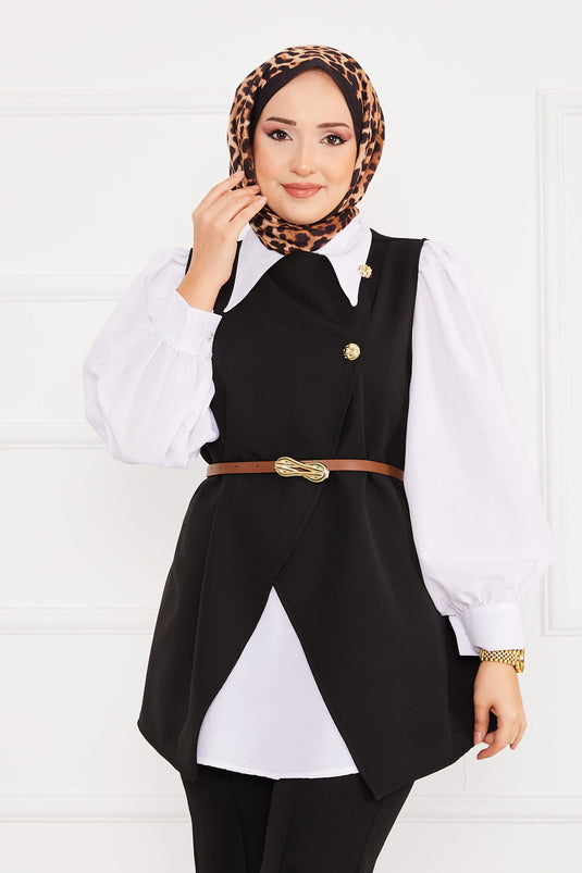 Ensemble Hijab avec gilet et ceinture en deux pièces Noir