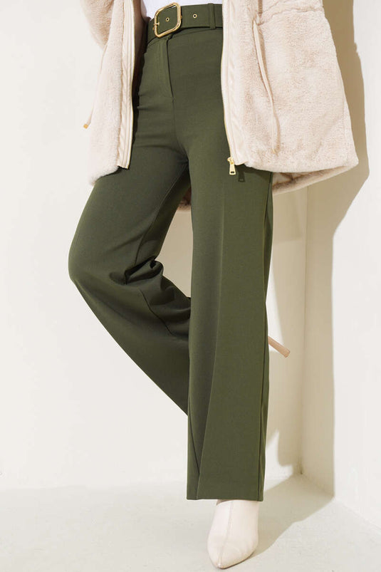 Pantalon kaki large taille haute avec ceinture