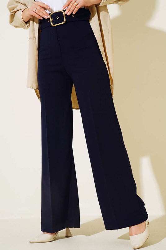 Belted High Waist Wide Leg Navy Blue Trousers