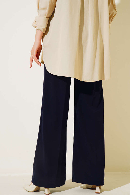 Belted High Waist Wide Leg Navy Blue Trousers