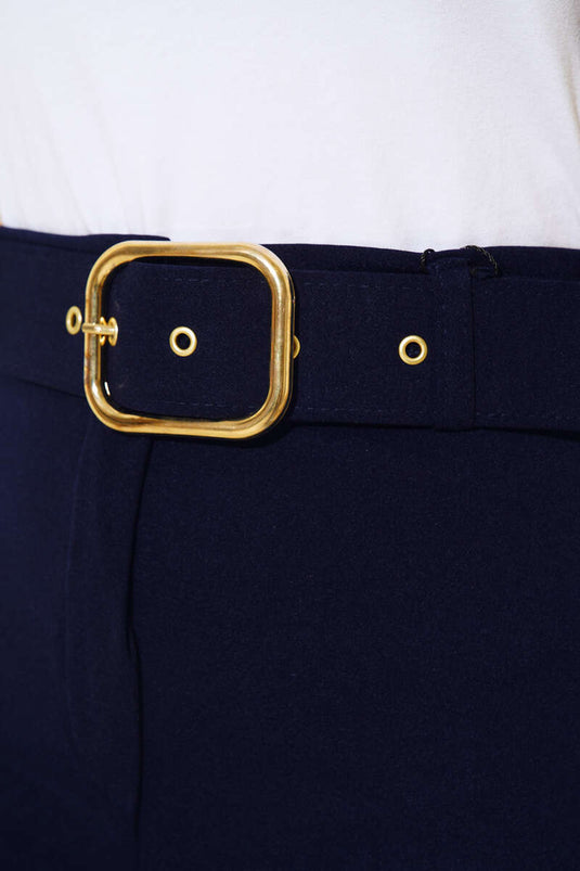 Belted High Waist Wide Leg Navy Blue Trousers