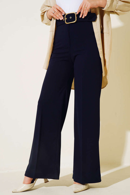 Belted High Waist Wide Leg Navy Blue Trousers