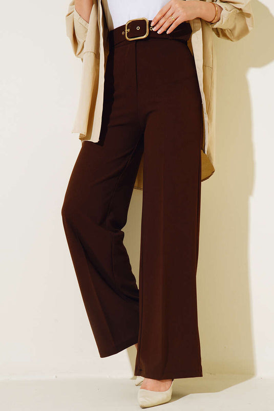 Pantalon large taille haute ceinturé beige