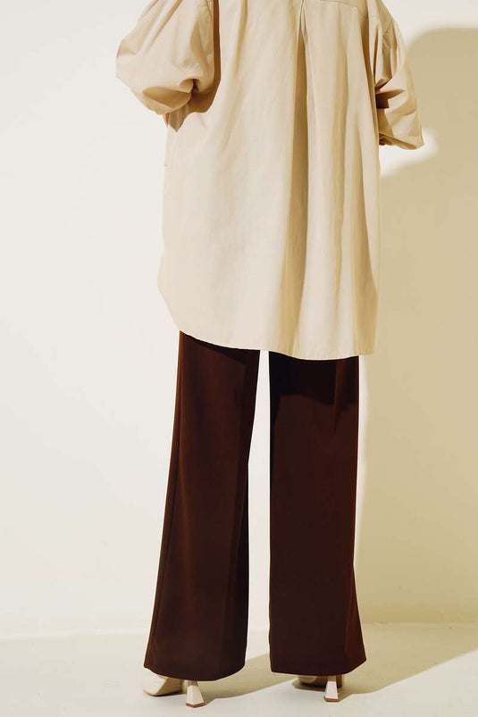 Pantalon large taille haute ceinturé beige