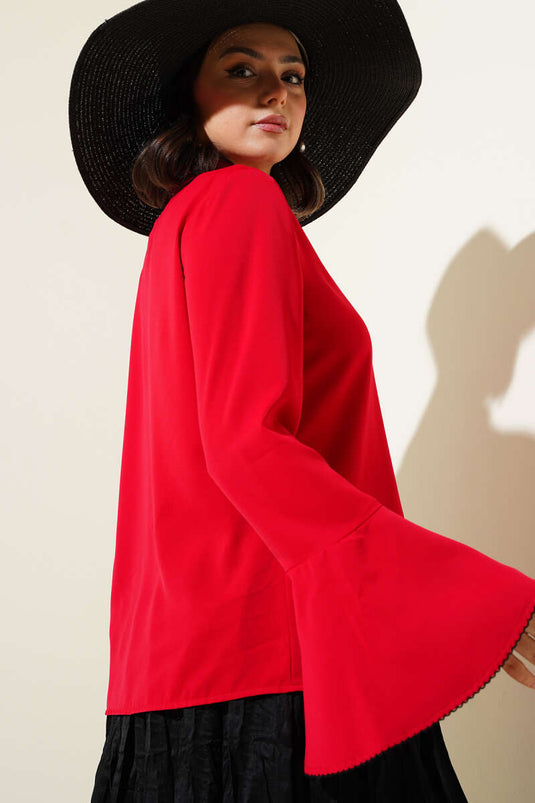 Edge Stitched Chiffon Shirt Red