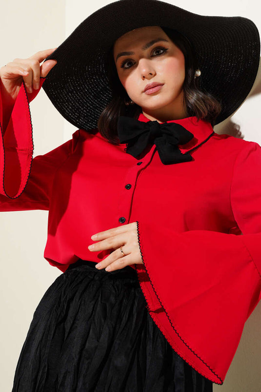 Edge Stitched Chiffon Shirt Red