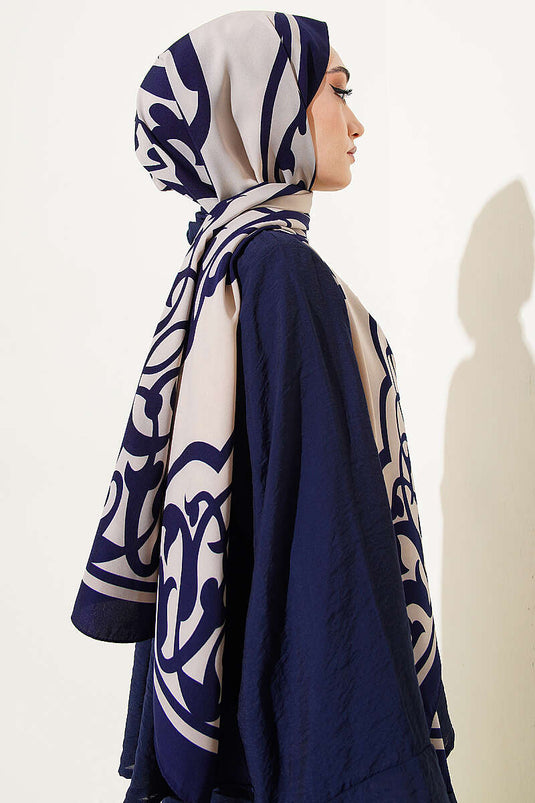 Écharpe en soie de Médine à motif Kenar bleu marine beige