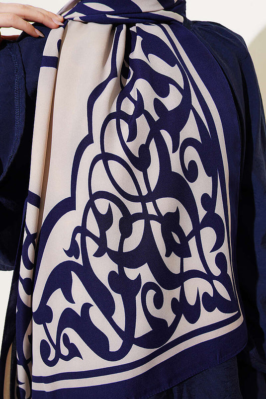 Écharpe en soie de Médine à motif Kenar bleu marine beige