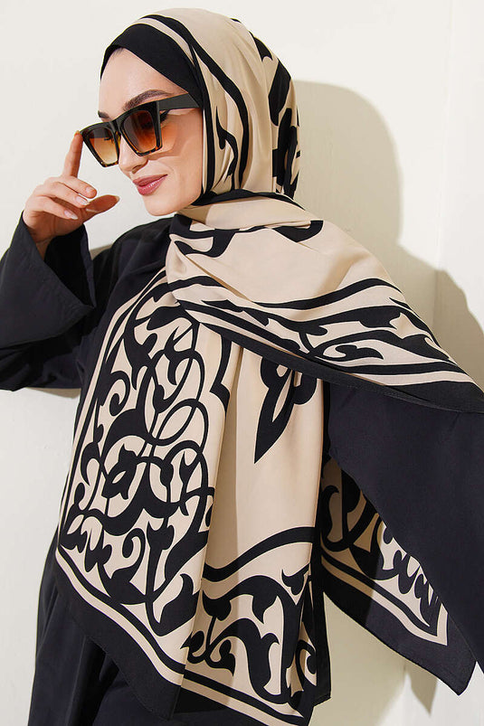 Écharpe en soie de Médine à motif Kenar noir beige