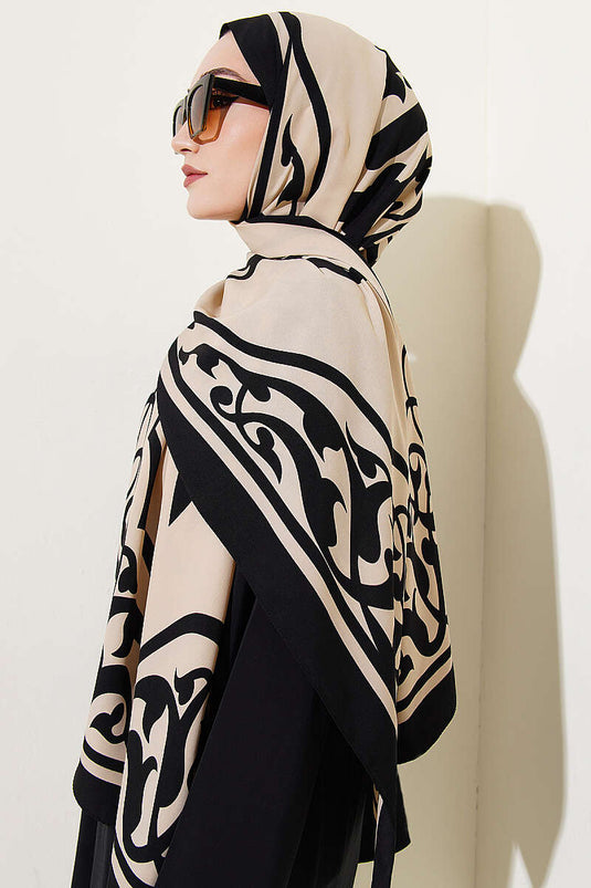 Écharpe en soie de Médine à motif Kenar noir beige