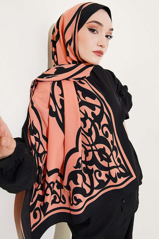 Écharpe en soie de Médine à motif bordure couleur corail pâle