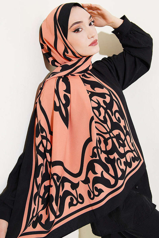 Écharpe en soie de Médine à motif bordure couleur corail pâle