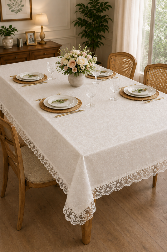 Beige Tablecloth with Lace Edges