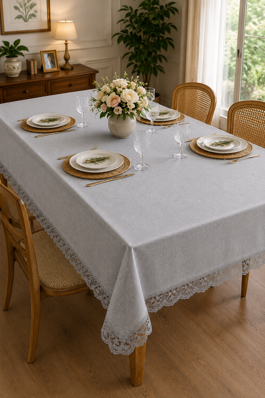 Gray Tablecloth with Lace Edges