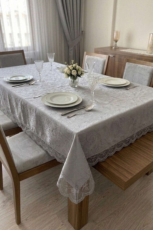Nappe jacquard à bords en dentelle gris