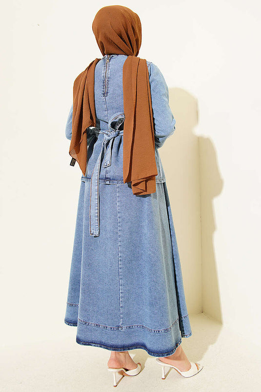 Denim Set with Belted Skirt and Blouse Light Blue